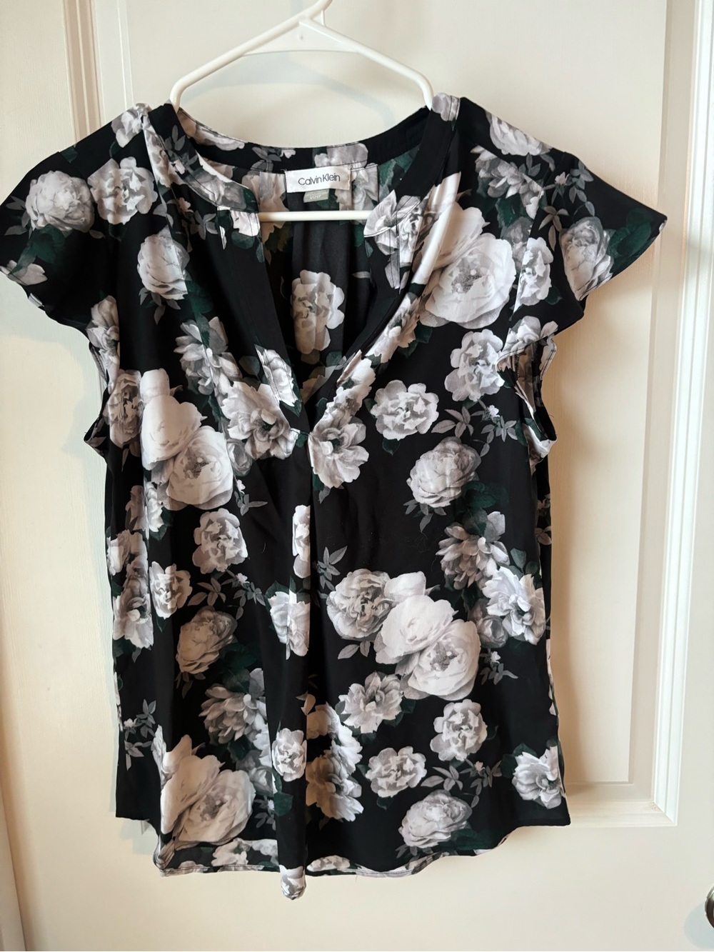 Calvin Klein Black Floral V-Neck Blouse with White Roses
